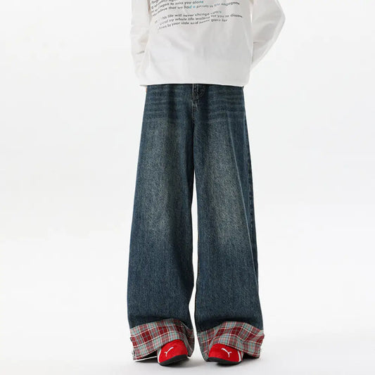Dark Blue Plaid Denim Pants | Wide Leg Streetwear | same ANTHEM.