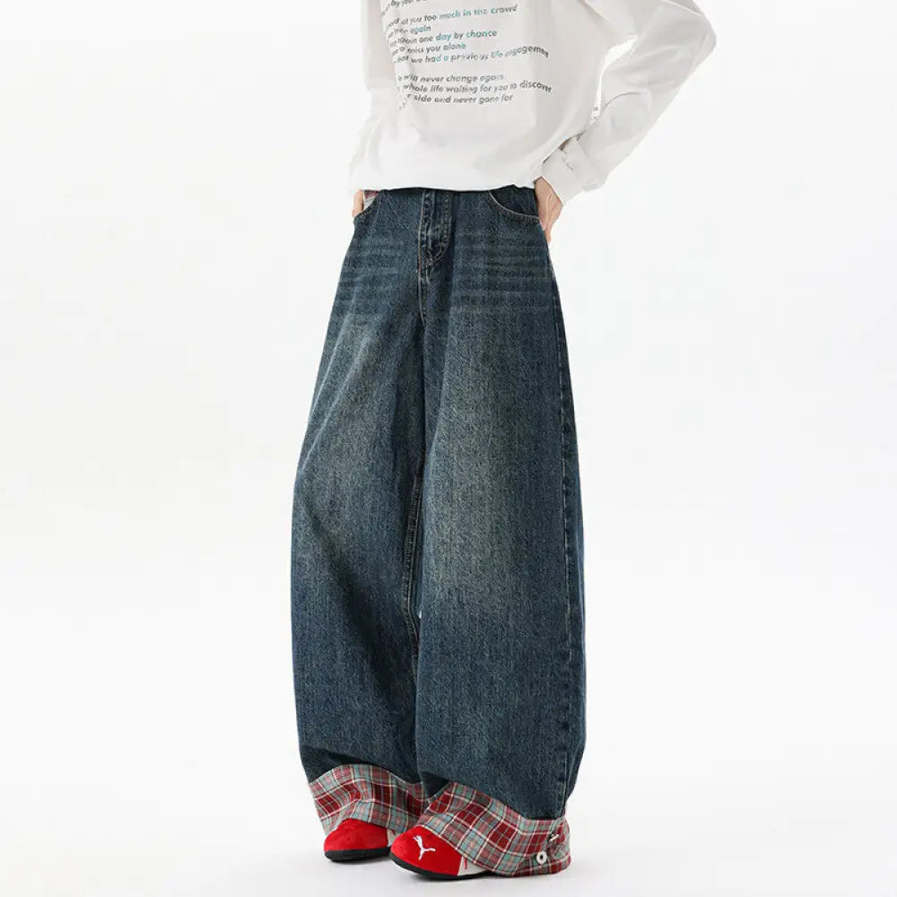 Dark Blue Plaid Denim Pants | Wide Leg Streetwear | same ANTHEM.