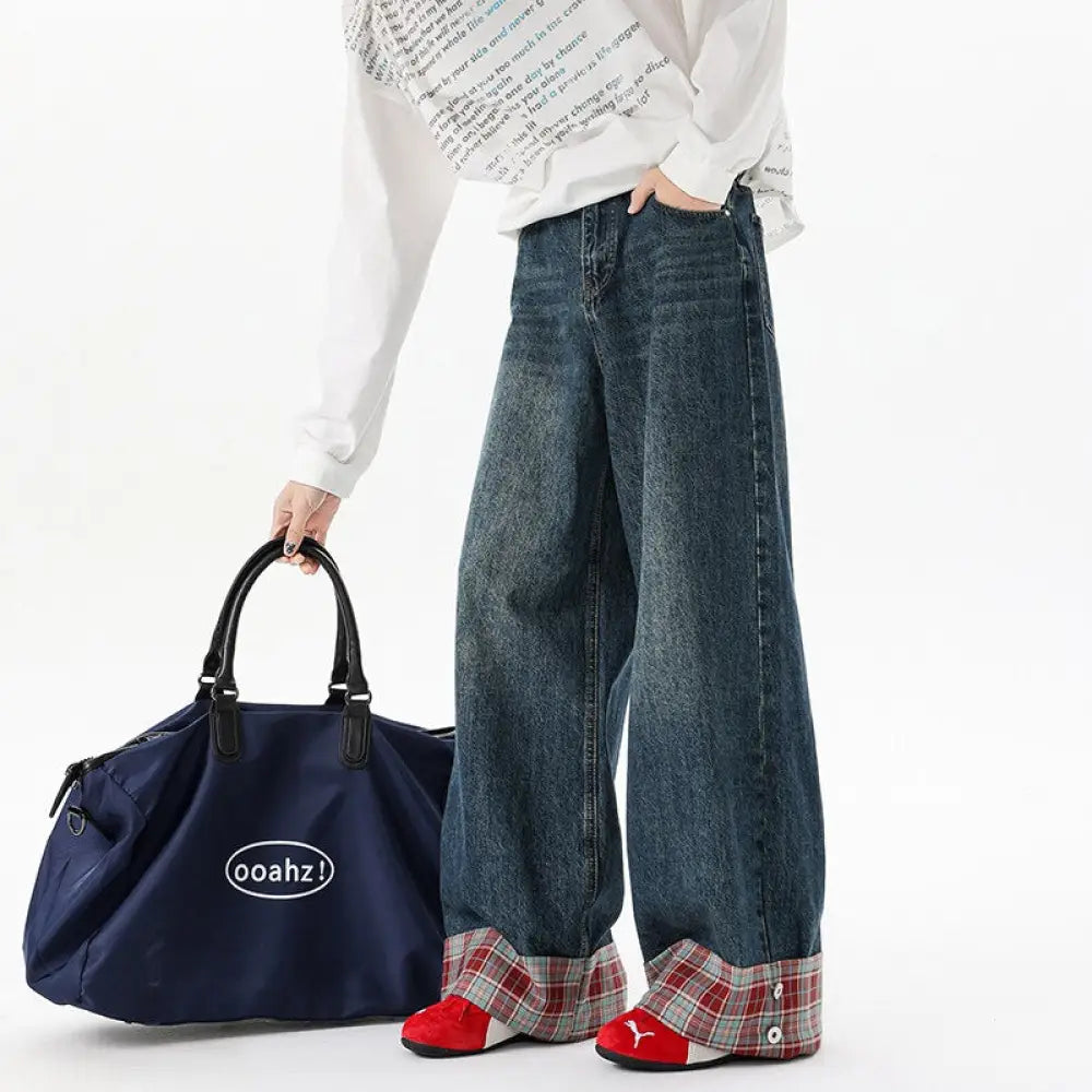 Dark Blue Plaid Denim Pants | Wide Leg Streetwear | same ANTHEM. - Blue / M