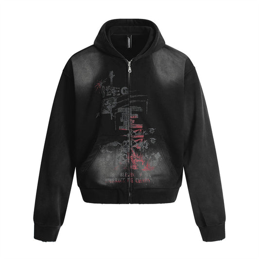 Dark Fuzzy Print Cardigan Hoodie – Soulmate Streetwear for Men | same ANTHEM - Black / S