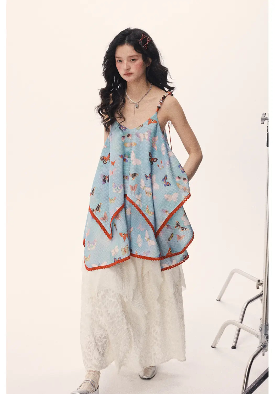 Butterfly Beaded Cute Girly Style Sling Short Dress