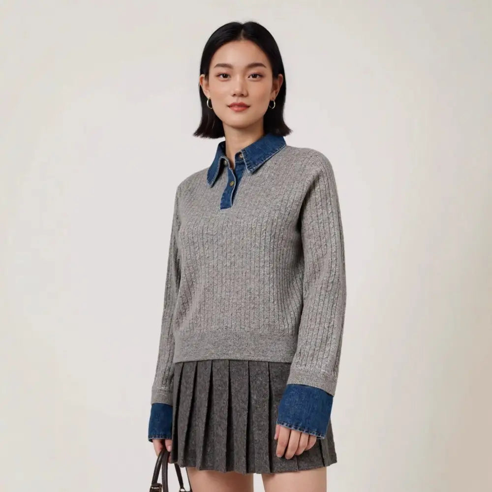 Denim Spliced Two-Piece Sweater | Women’s Polo Collar Knit Top | same ANTHEM.
