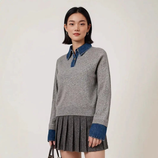 Denim Spliced Two-Piece Sweater | Women’s Polo Collar Knit Top | same ANTHEM.