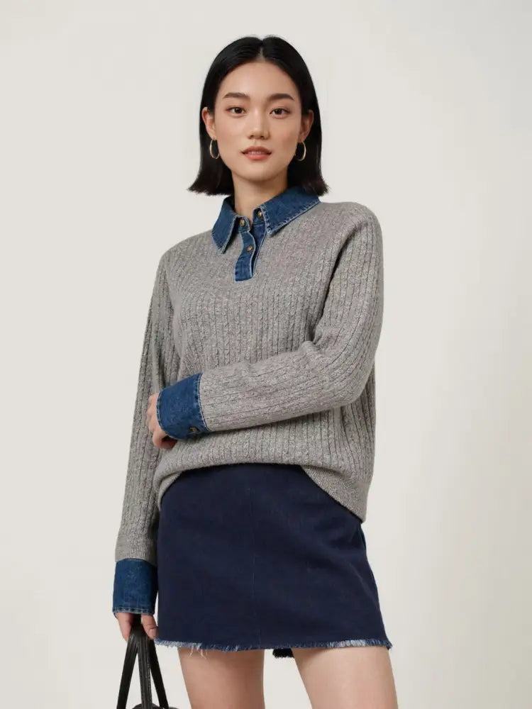 Denim Spliced Two-Piece Sweater | Women’s Polo Collar Knit Top | same ANTHEM. - Light Gray / M