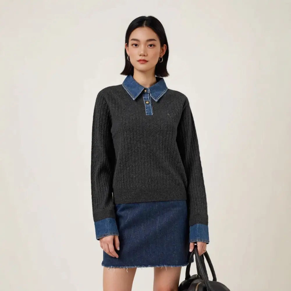 Denim Spliced Two-Piece Sweater | Women’s Polo Collar Knit Top | same ANTHEM.