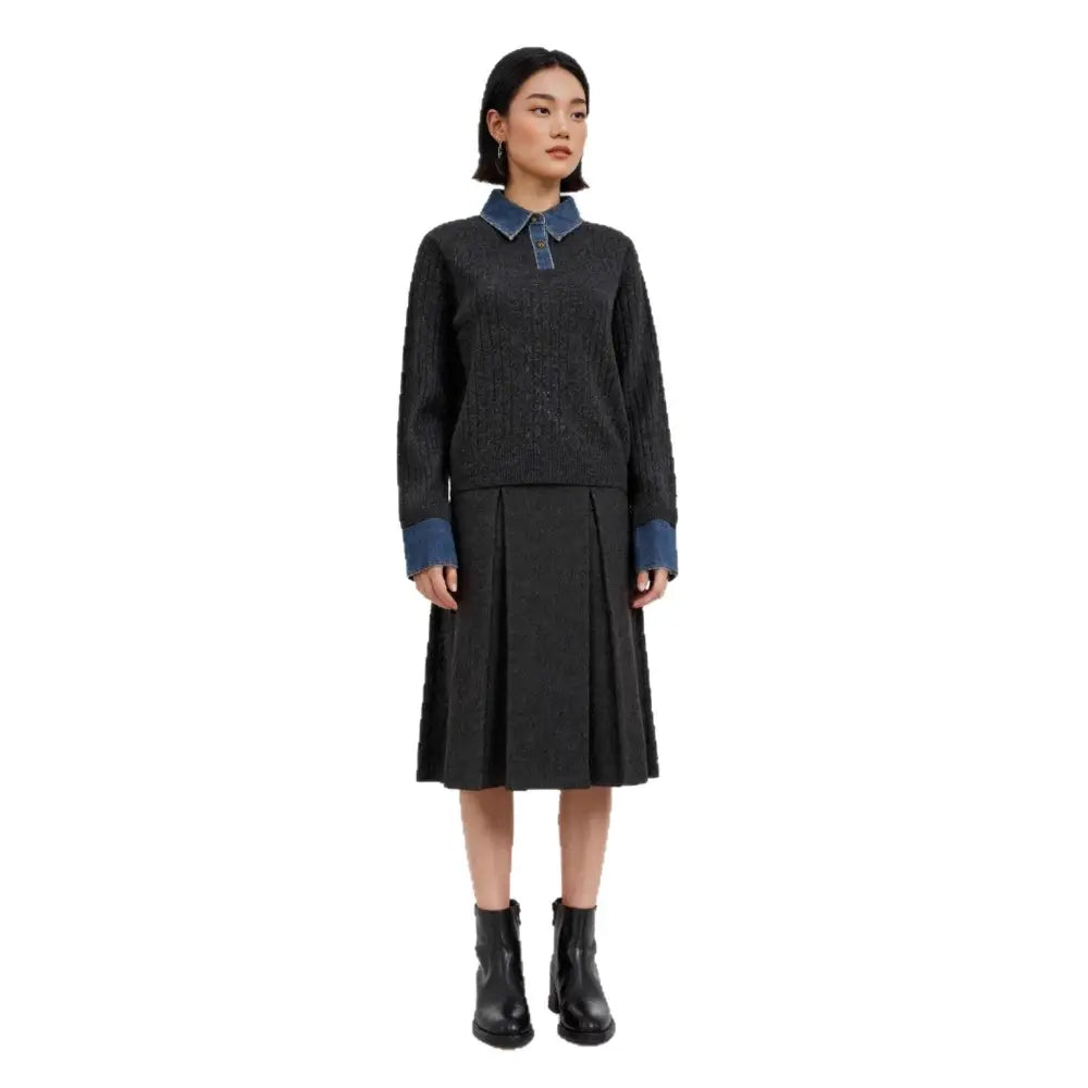 Denim Spliced Two-Piece Sweater | Women’s Polo Collar Knit Top | same ANTHEM.