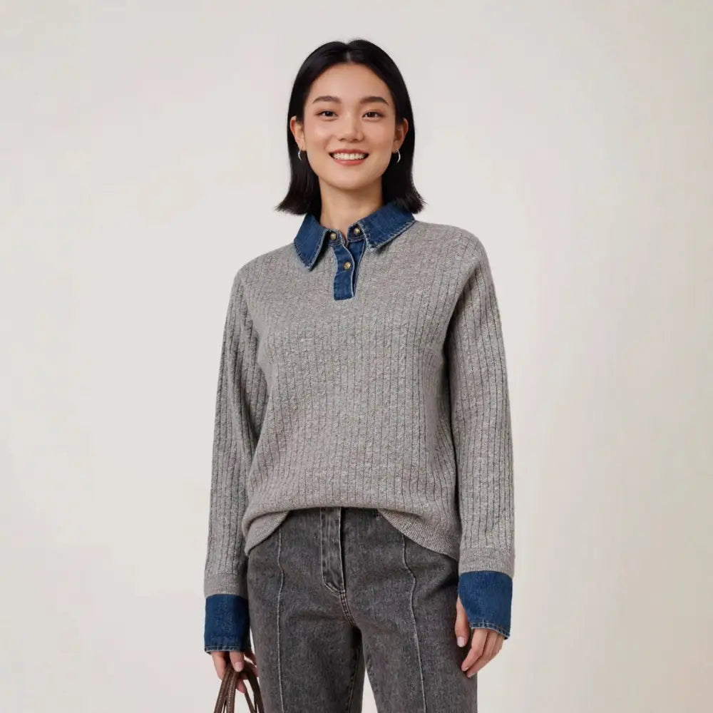 Denim Spliced Two-Piece Sweater | Women’s Polo Collar Knit Top | same ANTHEM.