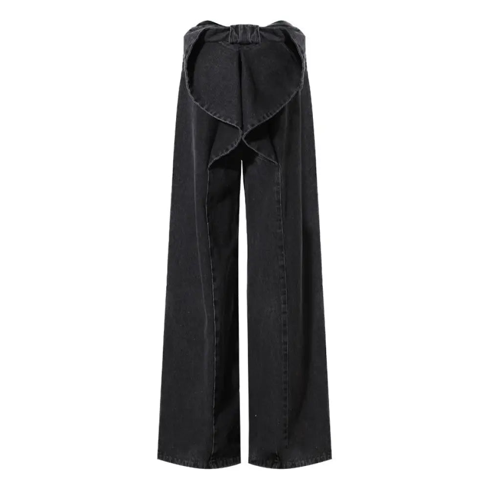 Black wide-leg pants with a ruffled top on a white background