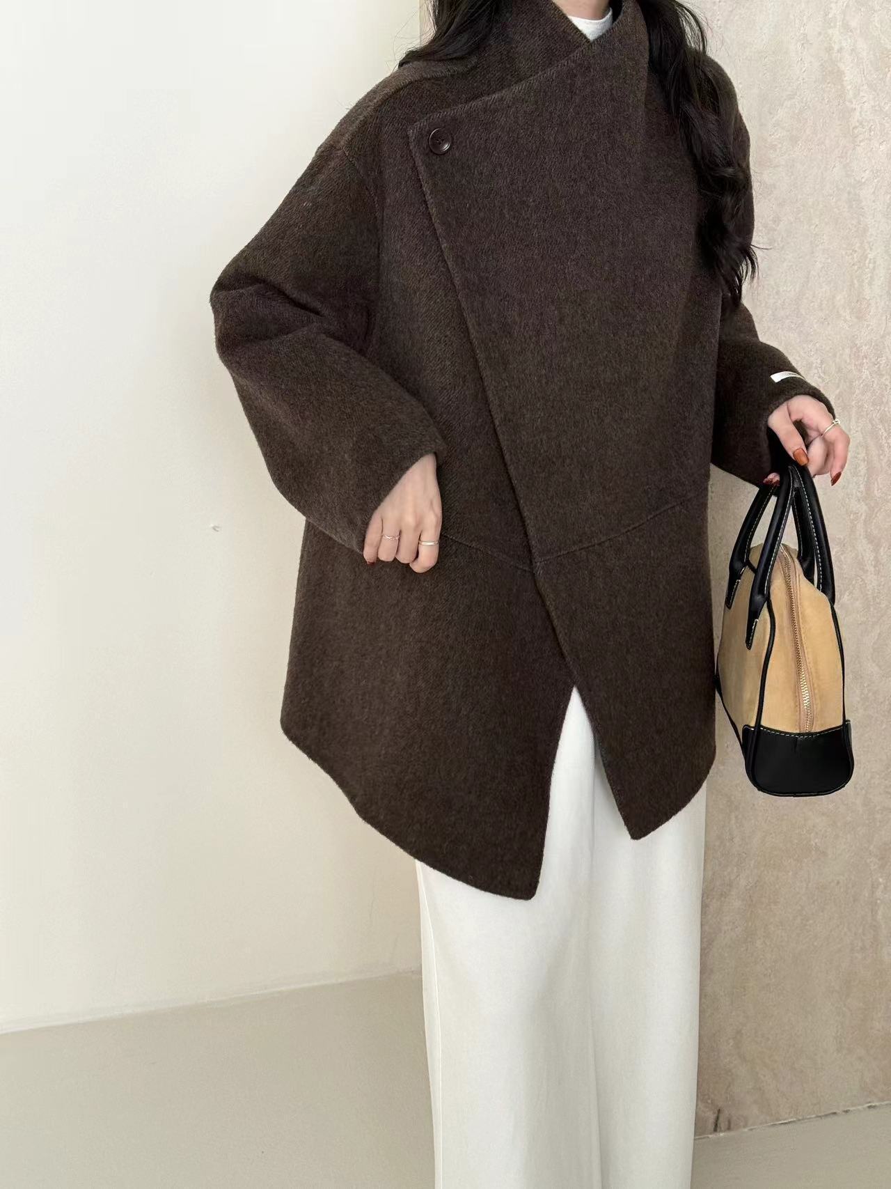 Double-sided Wool Overcoat – Large Lapel Drop-Shoulder Coat | same ANTHEM - Brown / M