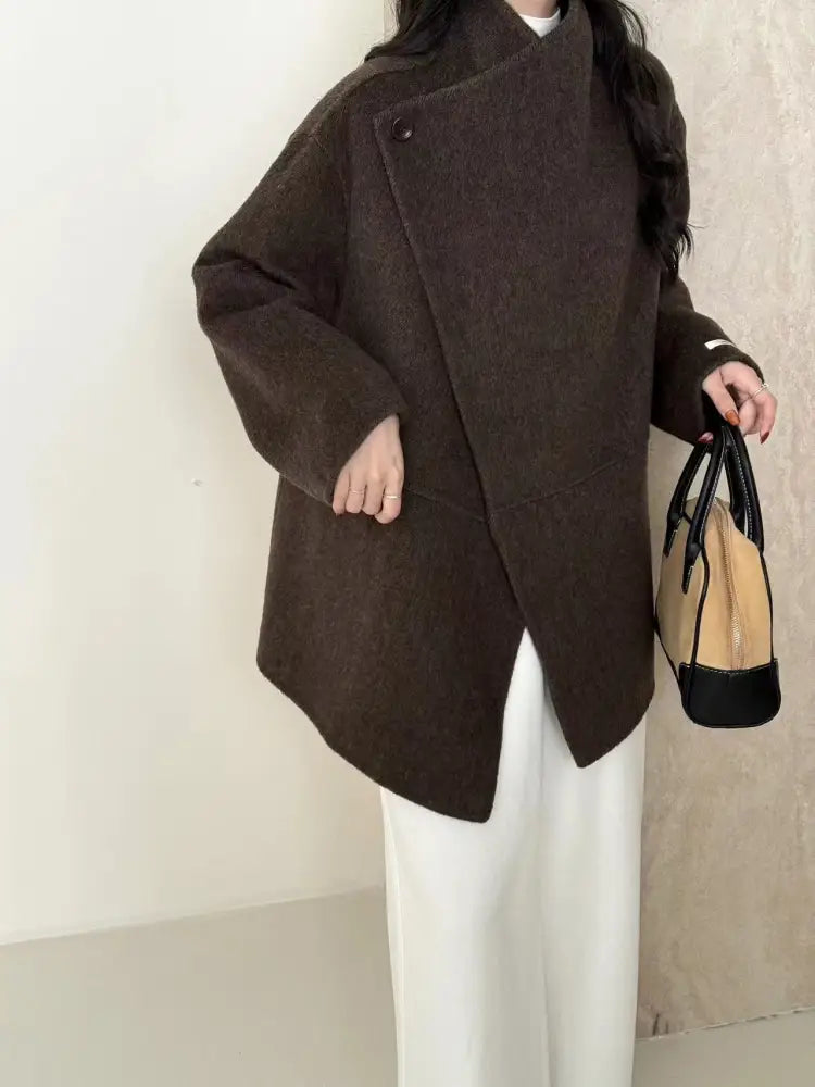 Double-sided Wool Overcoat – Large Lapel Drop-Shoulder Coat | same ANTHEM - Brown / M