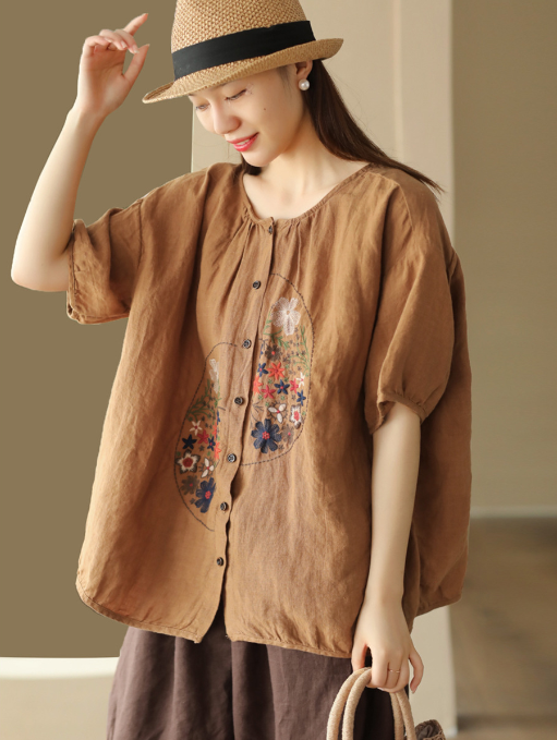 Dreamy Boho Linen Embroidered Top - Romantic French Chic Streetwear | same ANTHEM - Brown