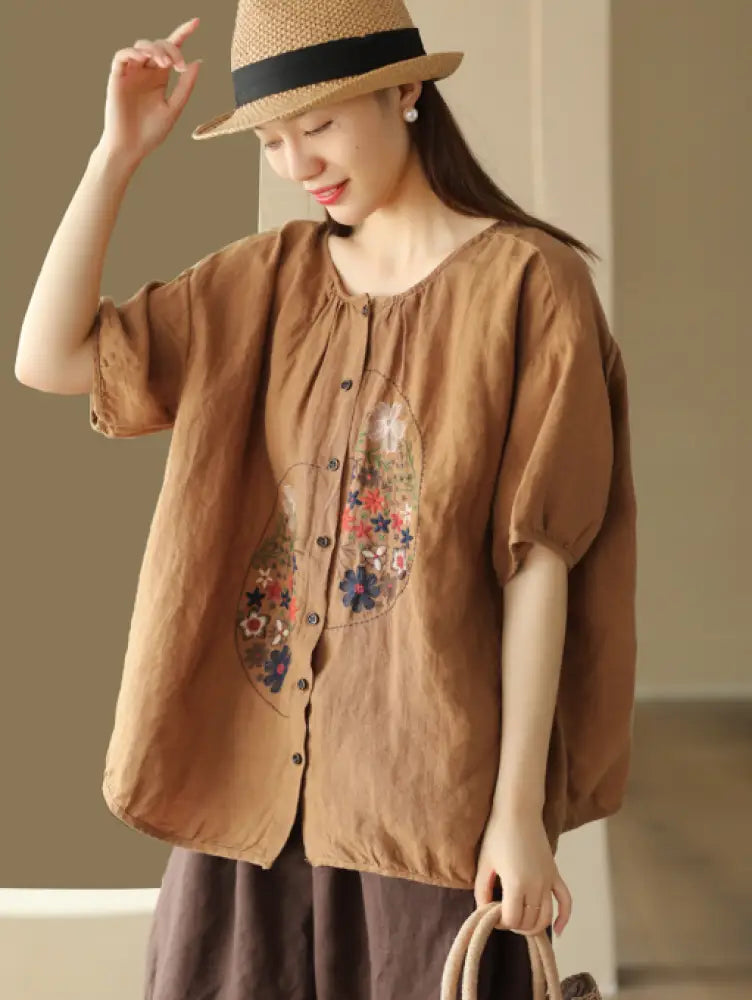 Dreamy Boho Linen Embroidered Top - Romantic French Chic Streetwear | same ANTHEM - Brown