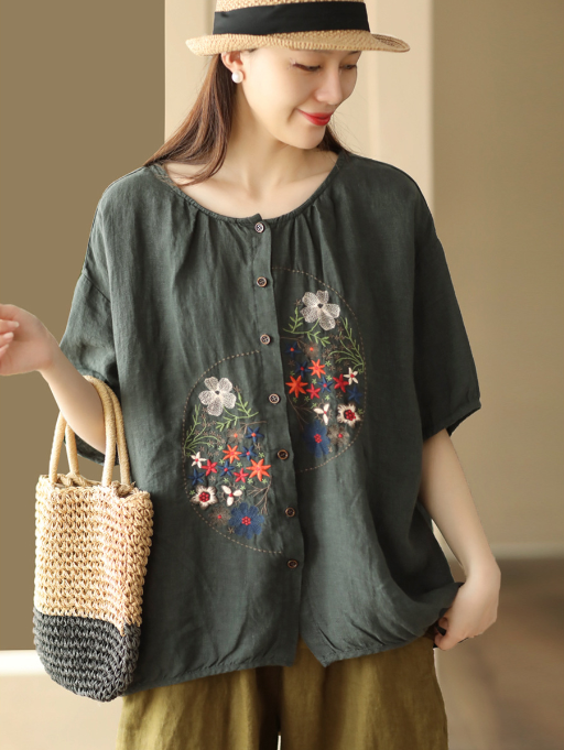 Dreamy Boho Linen Embroidered Top - Romantic French Chic Streetwear | same ANTHEM - Dark gray green