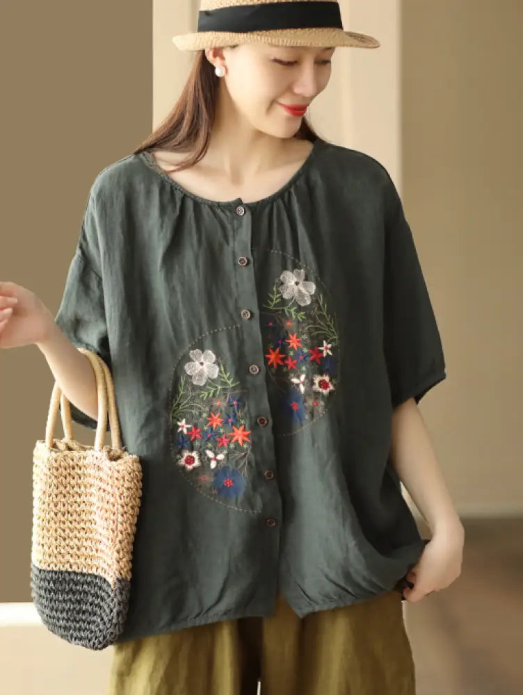Dreamy Boho Linen Embroidered Top - Romantic French Chic Streetwear | same ANTHEM - Dark gray green