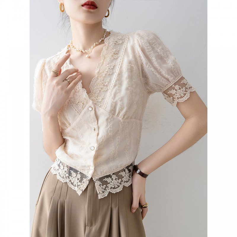 Dreamy Chiffon Lace Summer Top for Women – same ANTHEM - Apricot / L