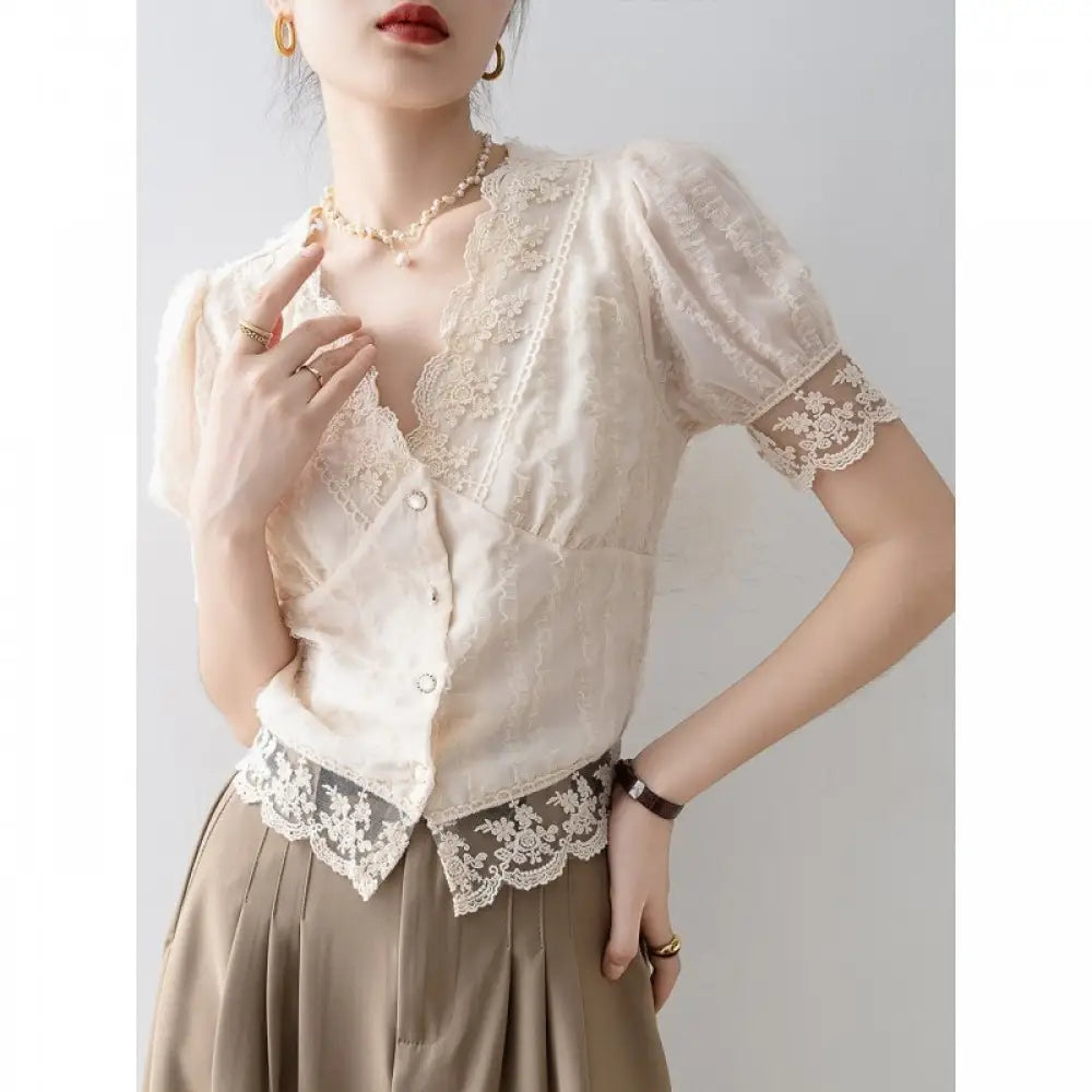 Dreamy Chiffon Lace Summer Top for Women – same ANTHEM - Apricot / L
