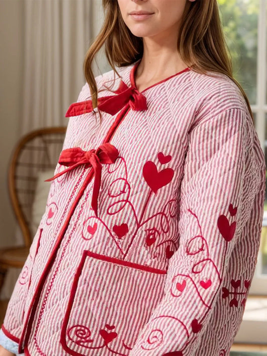 Dreamy Embroidered Striped Cardigan – Cozy Elegance | same ANTHEM - Deep Red / L