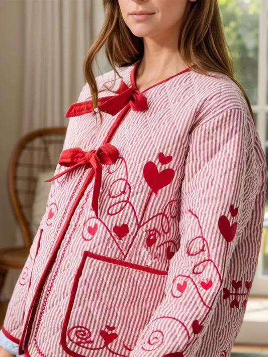 Dreamy Embroidered Striped Cardigan – Cozy Elegance | same ANTHEM - Deep Red / L
