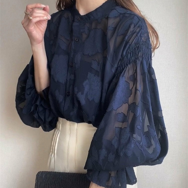 Dreamy Floral Jacquard Blouse – Romantic French Style | same ANTHEM - Navy Blue / L