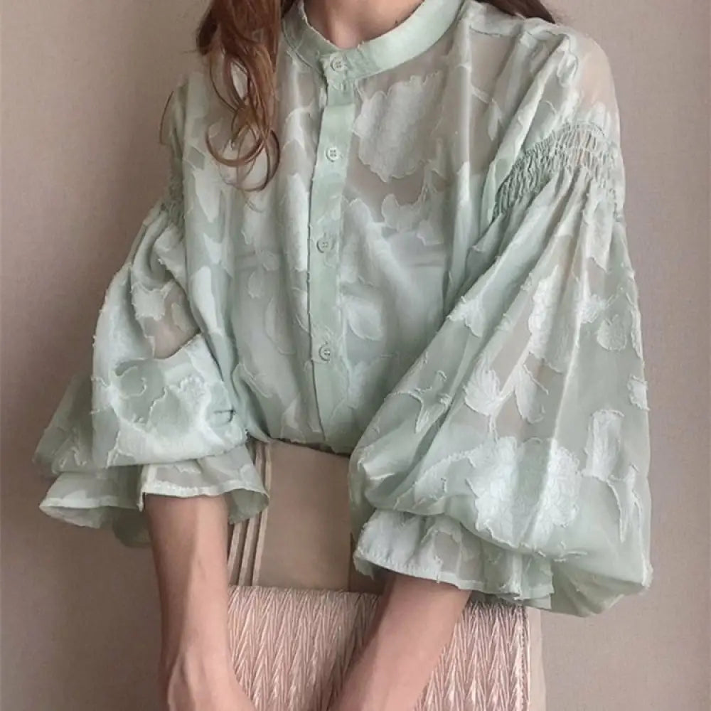 Dreamy Floral Jacquard Blouse – Romantic French Style | same ANTHEM - Light Green / L