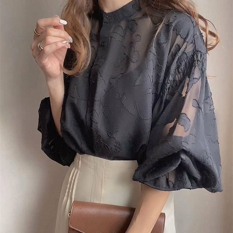 Dreamy Floral Jacquard Blouse – Romantic French Style | same ANTHEM - Black / L