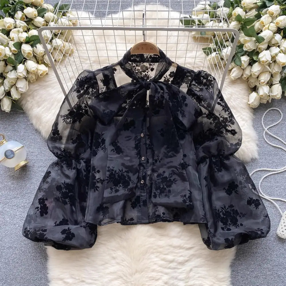 Dreamy French Court Top with Bow & Puff Sleeves – Romantic Style | same ANTHEM - Black / S