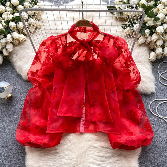 Dreamy French Court Top with Bow & Puff Sleeves – Romantic Style | same ANTHEM - Red / S