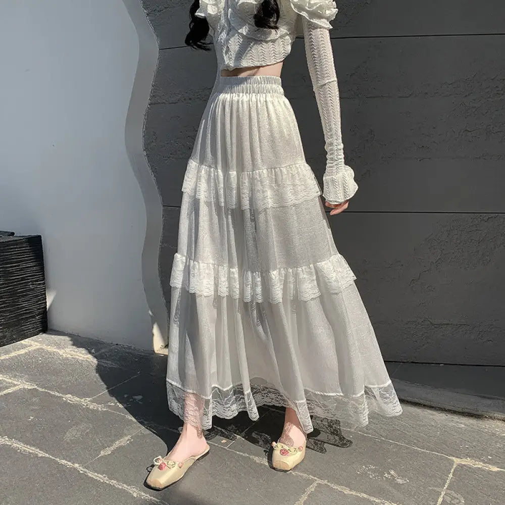 Dreamy French Style Soulmate Skirt – Gentle Ruffled Lace Tiered Elegance for Lovers & Friends - White / L - Skirt