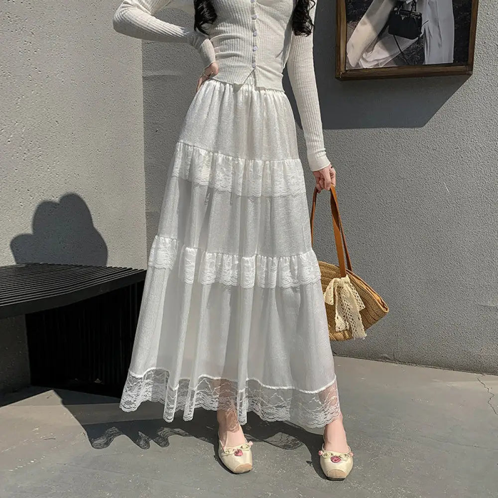 Dreamy French Style Soulmate Skirt – Gentle Ruffled Lace Tiered Elegance for Lovers & Friends - Skirt