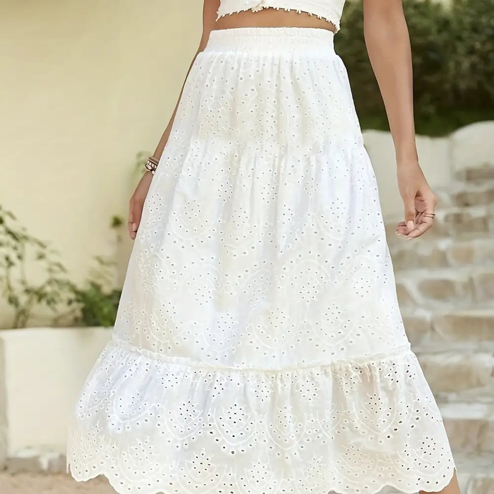 Dreamy French Style Soulmate Skirt – Hollow Flower Details & Elegant A-Line Swing for Lovers & Friends - White / L