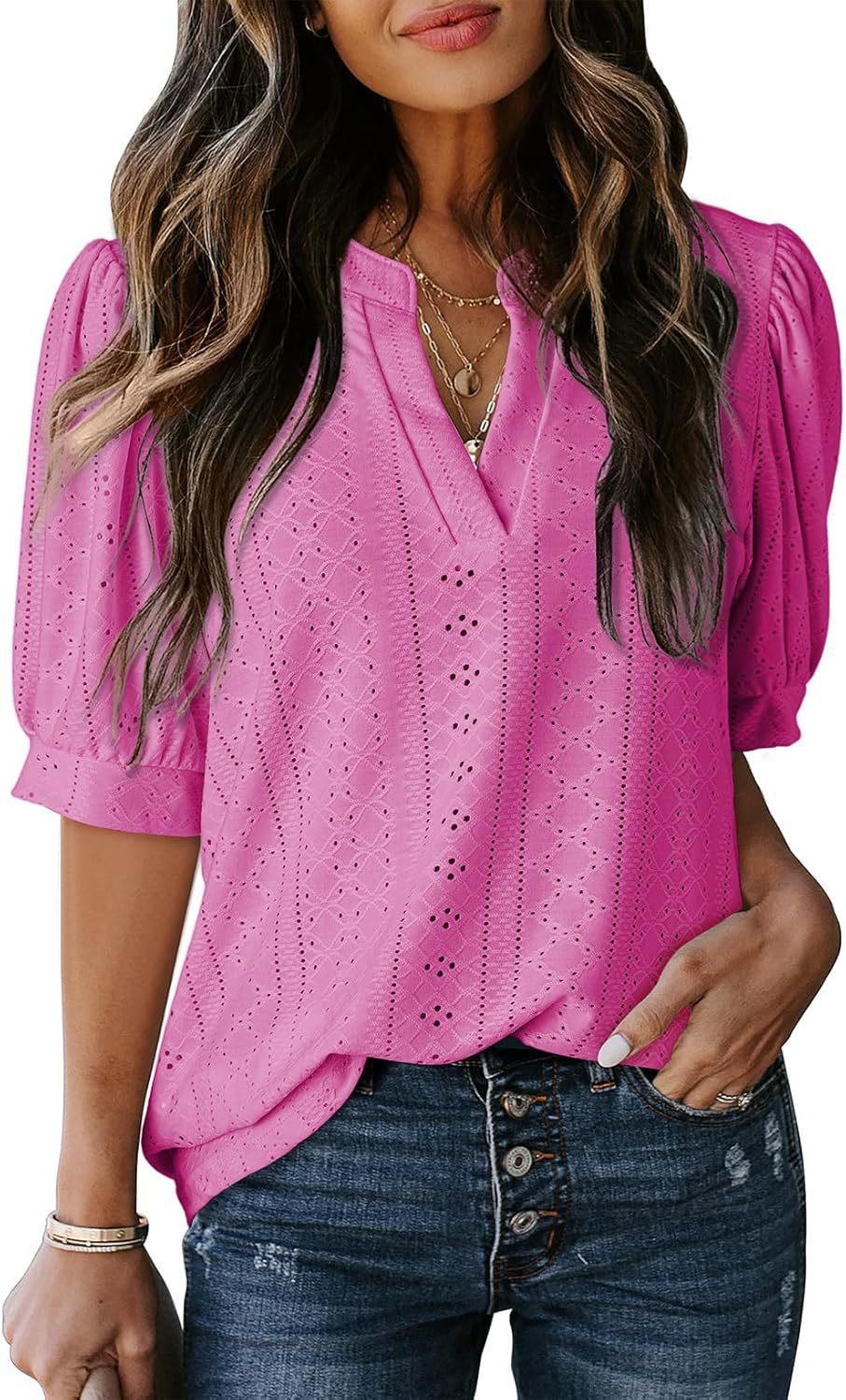 Dreamy French V-Neck Blouse – same ANTHEM Romantic & Nostalgic Fashion - Glittering Pink / L