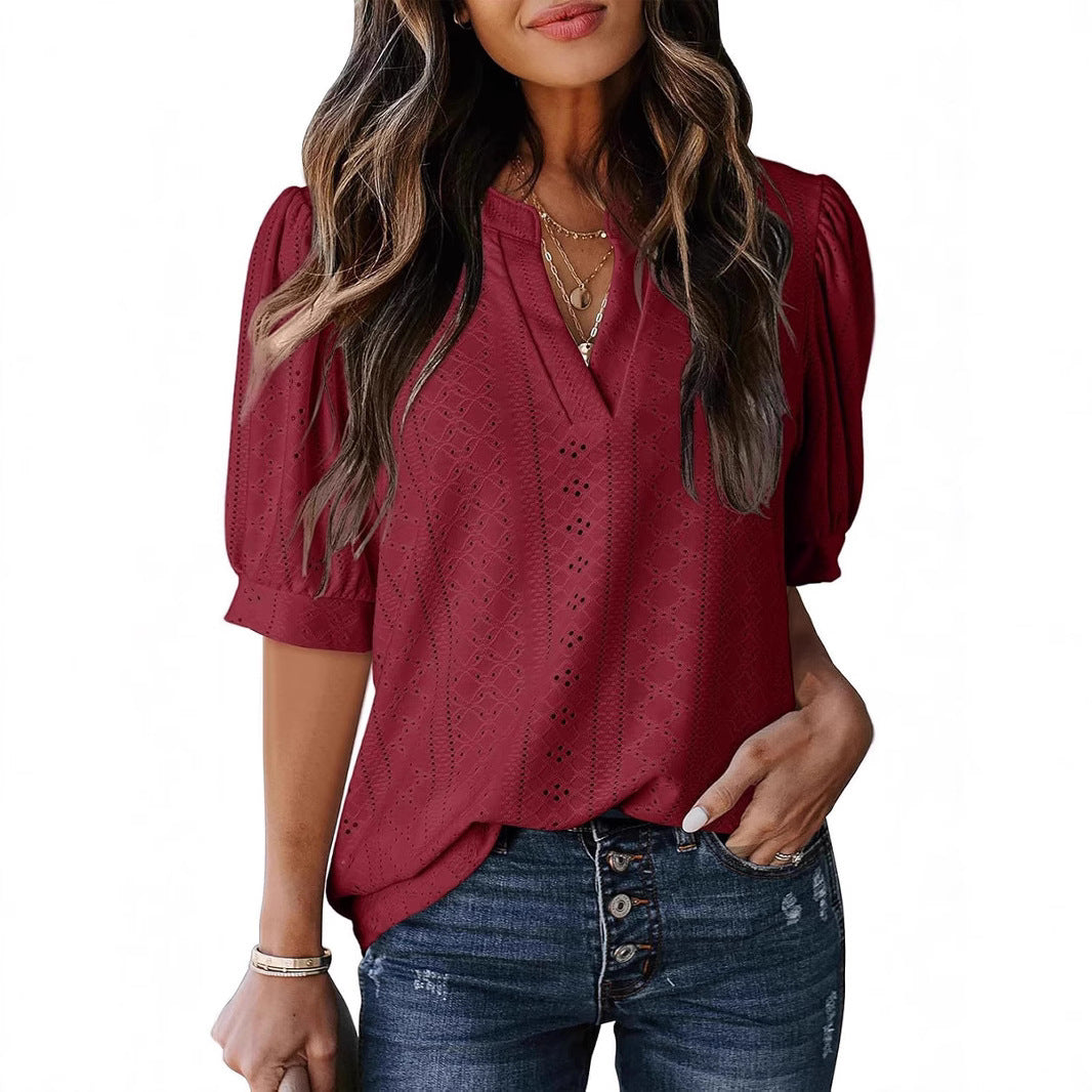 Dreamy French V-Neck Blouse – same ANTHEM Romantic & Nostalgic Fashion - Wine Red / L