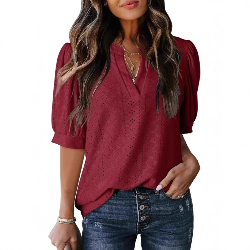 Dreamy French V-Neck Blouse – same ANTHEM Romantic & Nostalgic Fashion - Wine Red / L