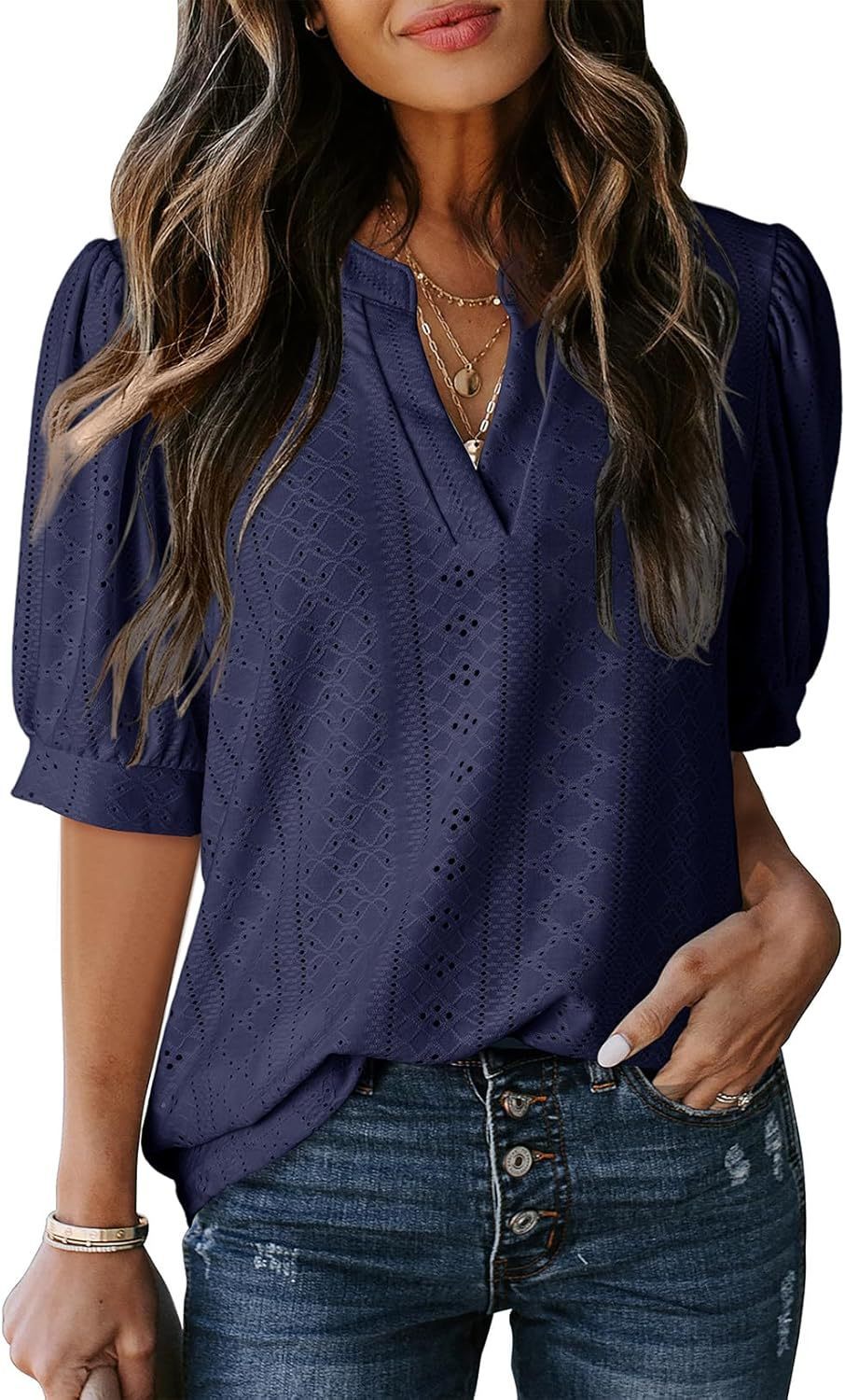 Dreamy French V-Neck Blouse – same ANTHEM Romantic & Nostalgic Fashion - Navy Blue / L