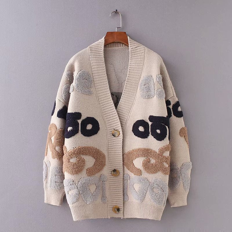 Dreamy Jacquard V-Neck Cardigan – Loose Fit Streetwear | same ANTHEM - Khaki / one size