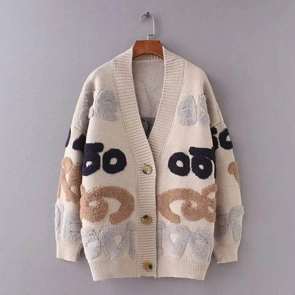 Dreamy Jacquard V-Neck Cardigan – Loose Fit Streetwear | same ANTHEM - Khaki / one size