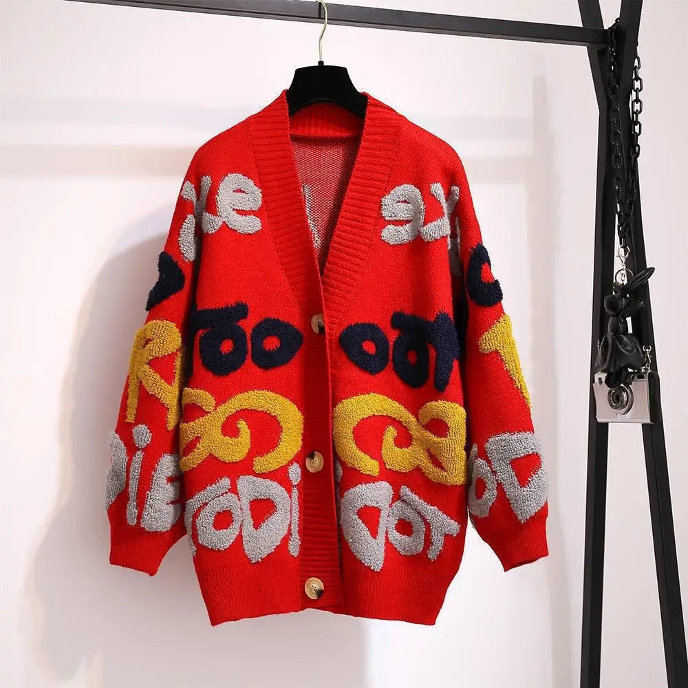 Dreamy Jacquard V-Neck Cardigan – Loose Fit Streetwear | same ANTHEM - red / one size