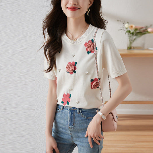 Dreamy Korean Rose Beaded Puff Sleeve Sweater – Romantic Chic Style for Lovers & Soulmates | same ANTHEM - Beige / Free