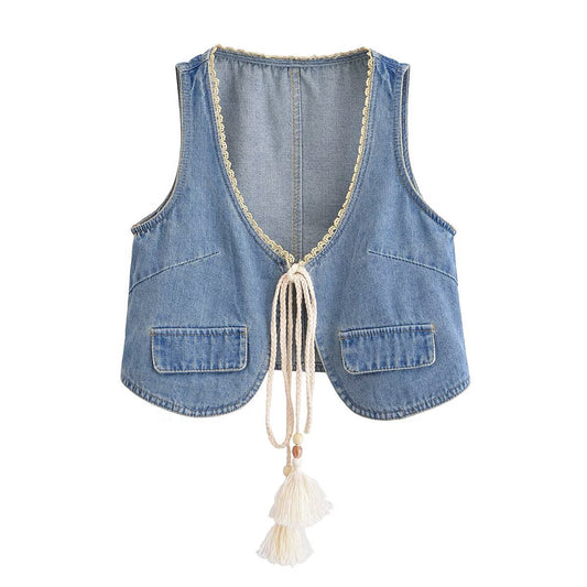 Dreamy Lace Tassel Denim Vest – Chic & Cute Streetwear | same ANTHEM - royal blue / S