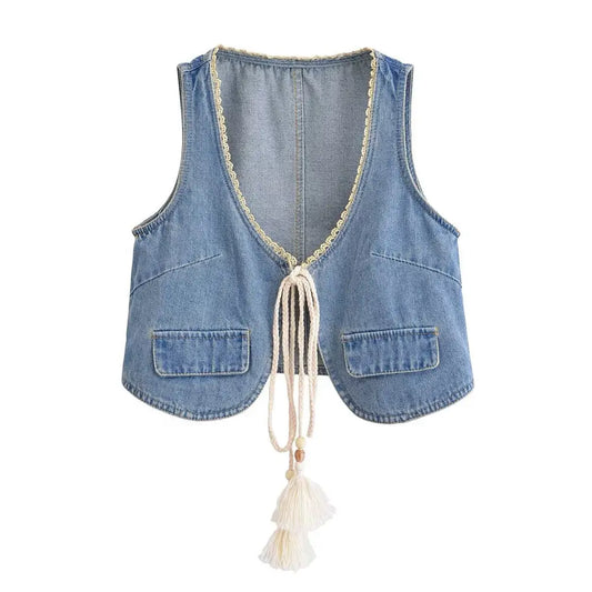 Dreamy Lace Tassel Denim Vest – Chic & Cute Streetwear | same ANTHEM - royal blue / S