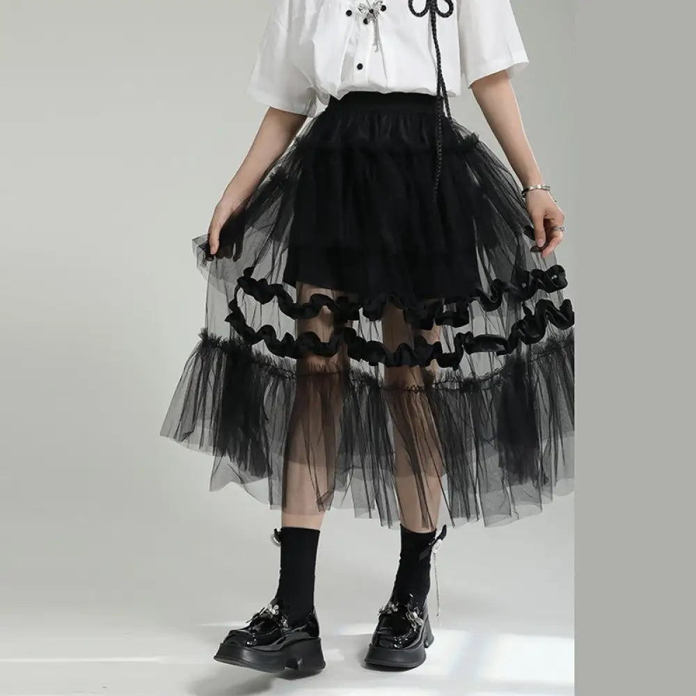 Dreamy Mesh Patchwork Skirt for Women | same ANTHEM - black / S
