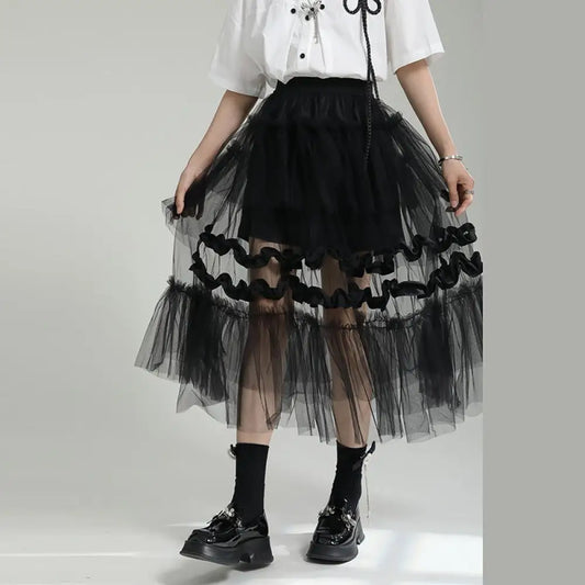 Dreamy Mesh Patchwork Skirt for Women | same ANTHEM - black / S