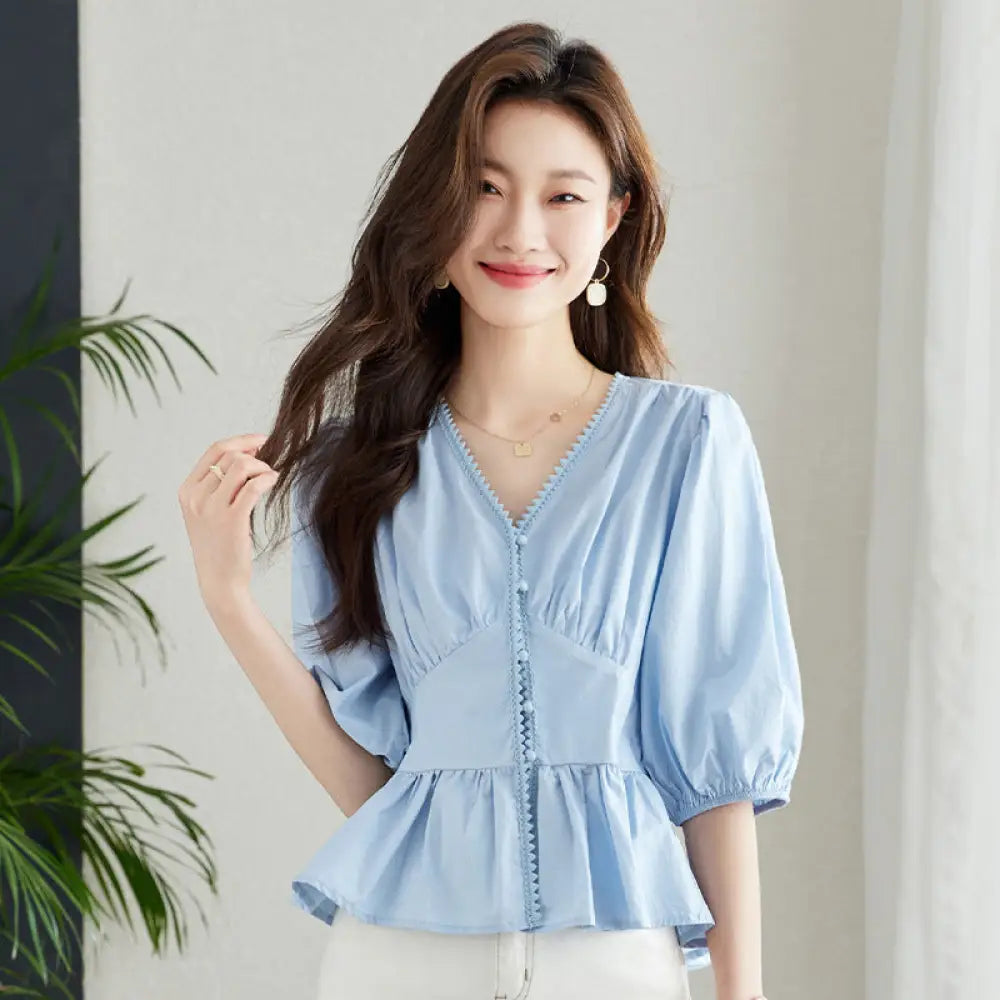 Dreamy V-Neck Summer Top for Women – Soft Streetwear | same ANTHEM - Blue 32219 / 2XL
