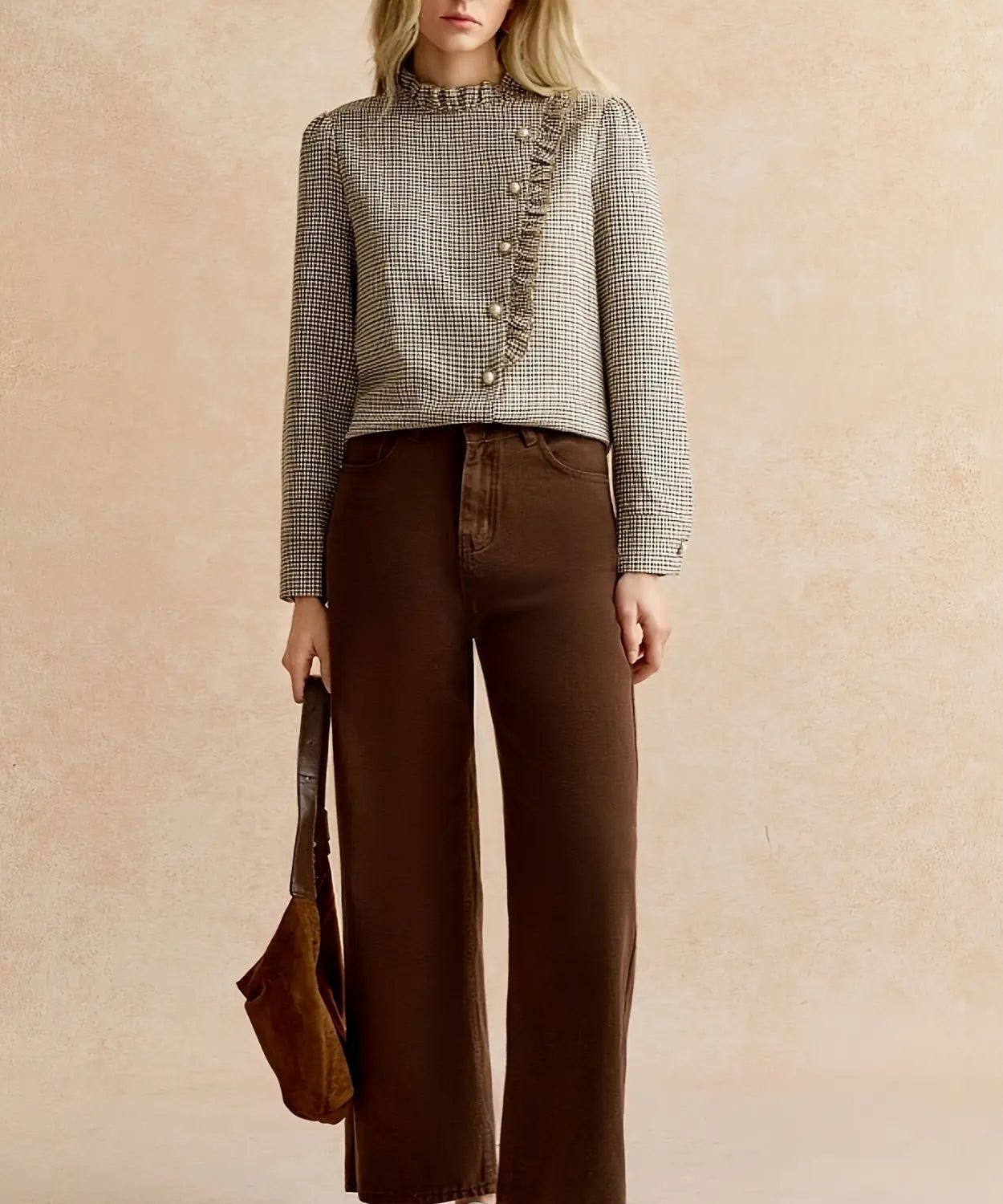 Houndstooth Ruffled Small Stand-up Collar Side-button-front Shirt