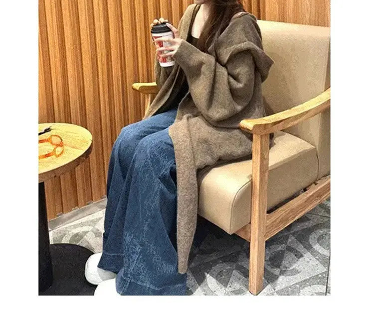 Korean Style Idle Style Hooded Long Below The Knee Knitted Cardigan For Women