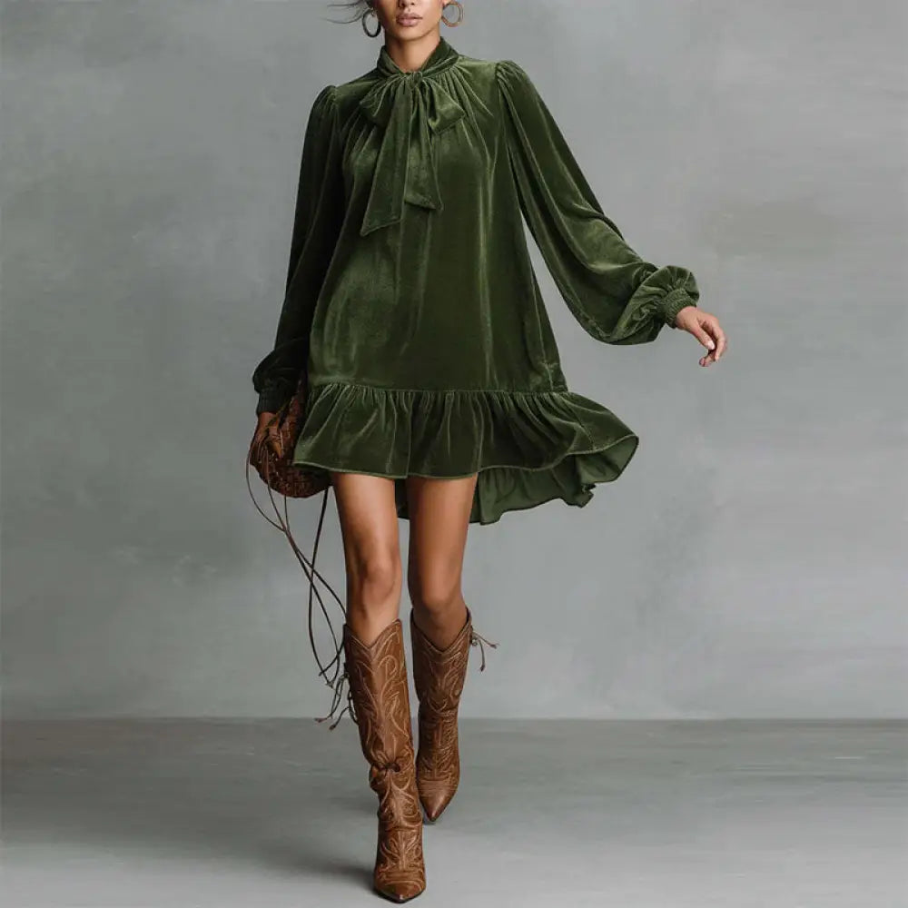 Women’s Elegant Solid Color Bow Tie Dress With Puff Sleeves & Asymmetric Ruffle Hem Loose Fit Short Dress For Spring