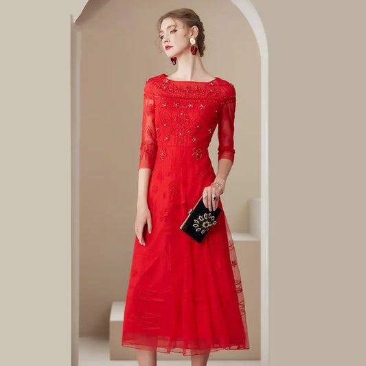 Mesh Embroidered Temperament Fashionable Elegant Dress - Bag