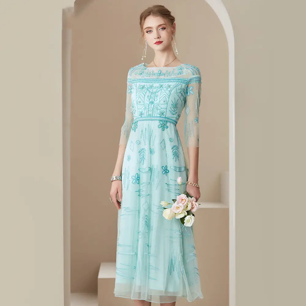 Mesh Embroidered Temperament Fashionable Elegant Dress - Bag