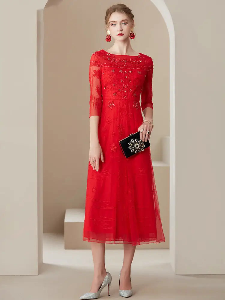 Mesh Embroidered Temperament Fashionable Elegant Dress - Bag