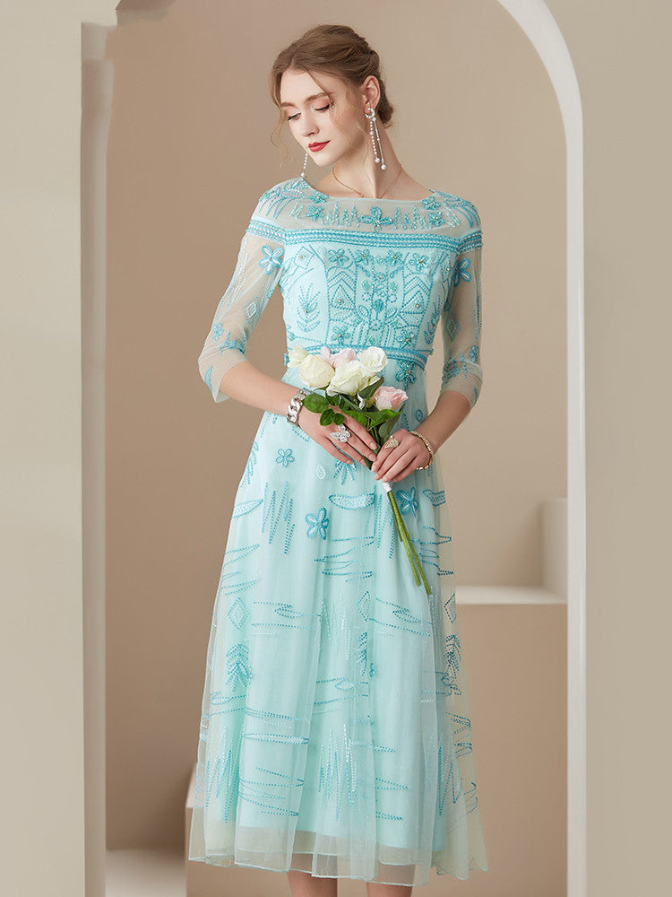 Mesh Embroidered Temperament Fashionable Elegant Dress - Blue / 2XL - Bag